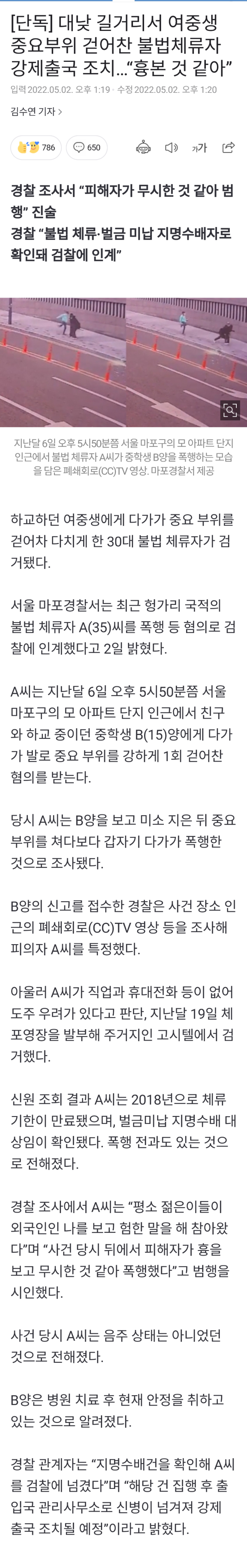 불법체류자 여중생 중요부위 걷어차